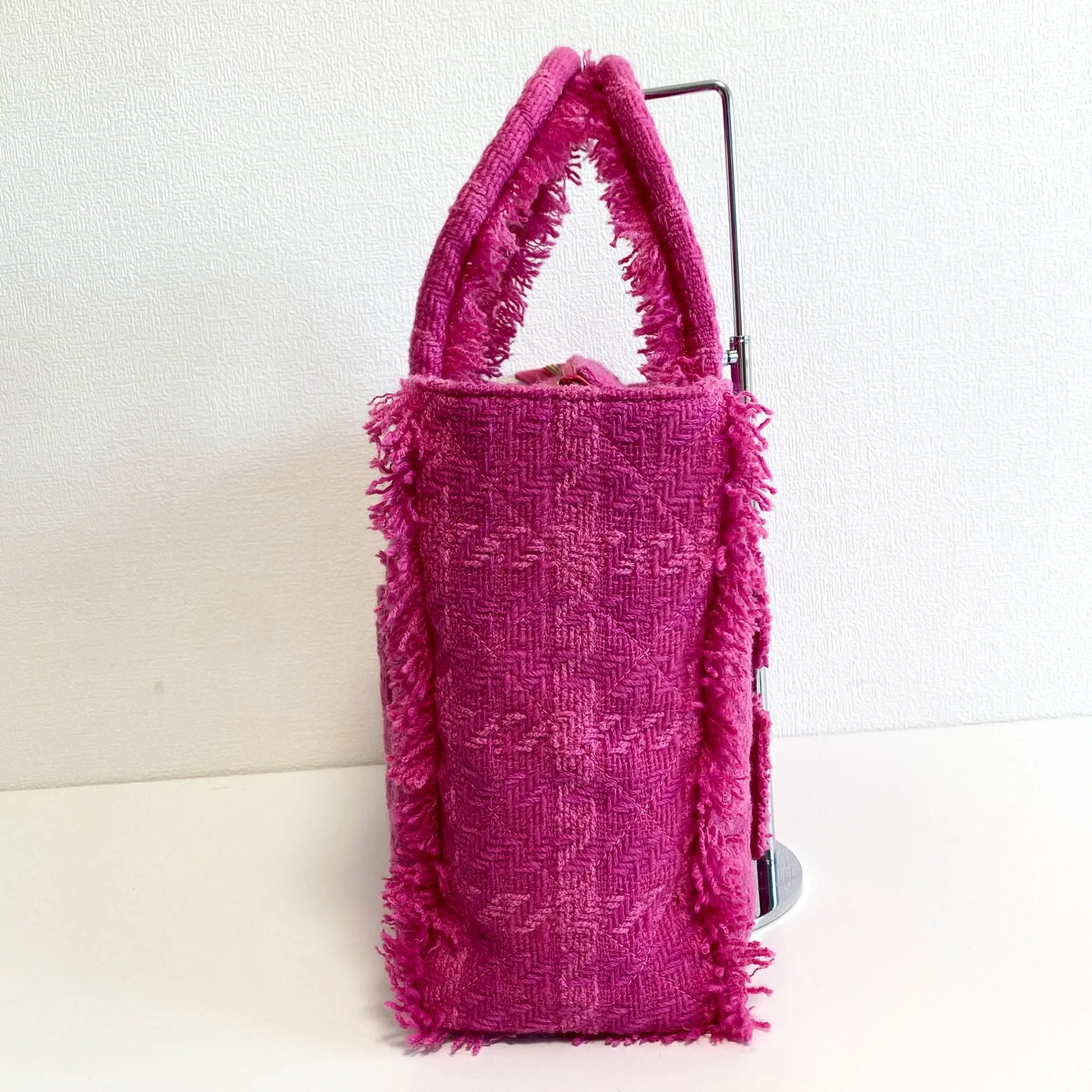 Pink Wool Tweed Logo Fringe Zip Top Shopping Tote Handbag