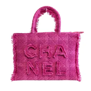 Pink Wool Tweed Logo Fringe Zip Top Shopping Tote Handbag