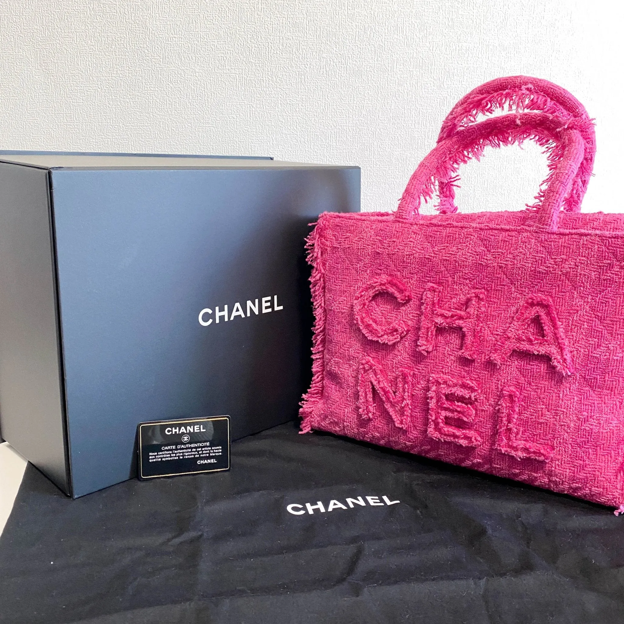 Pink Wool Tweed Logo Fringe Zip Top Shopping Tote Handbag