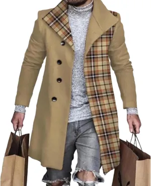 Plaid Trench Coat for Men Notched Lapel Collar Single Breasted Wool Pea Overcoats Casual Winter Slim Coats