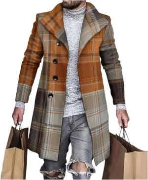 Plaid Trench Coat for Men Notched Lapel Collar Single Breasted Wool Pea Overcoats Casual Winter Slim Coats