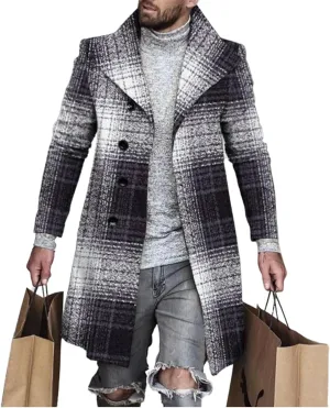 Plaid Trench Coat for Men Notched Lapel Collar Single Breasted Wool Pea Overcoats Casual Winter Slim Coats