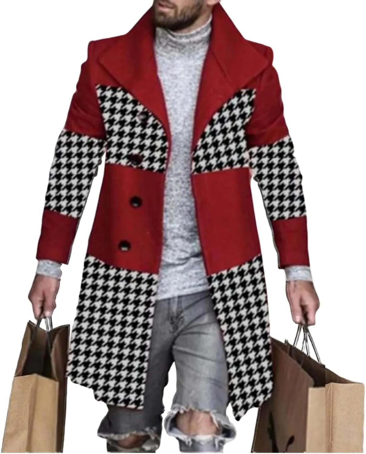 Plaid Trench Coat for Men Notched Lapel Collar Single Breasted Wool Pea Overcoats Casual Winter Slim Coats