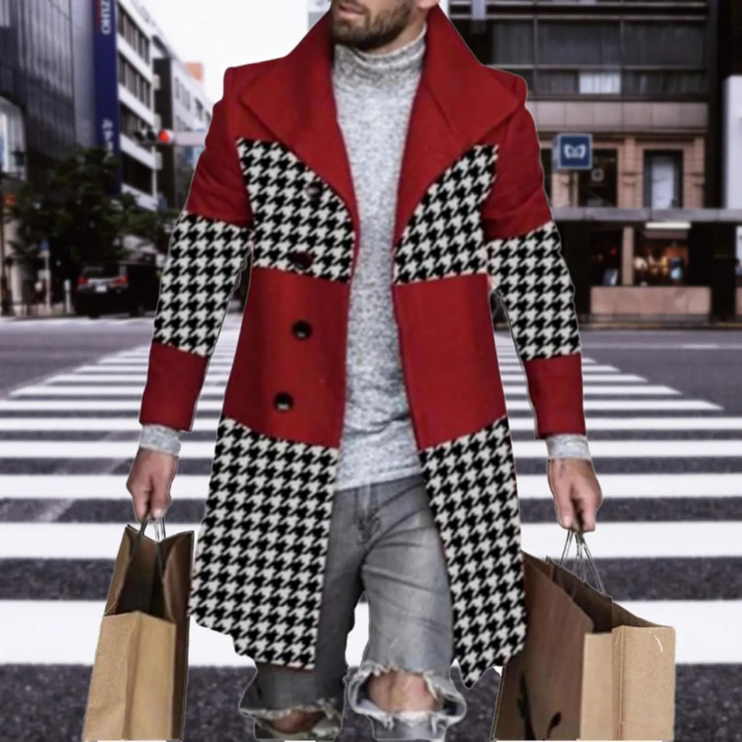 Plaid Trench Coat for Men Notched Lapel Collar Single Breasted Wool Pea Overcoats Casual Winter Slim Coats
