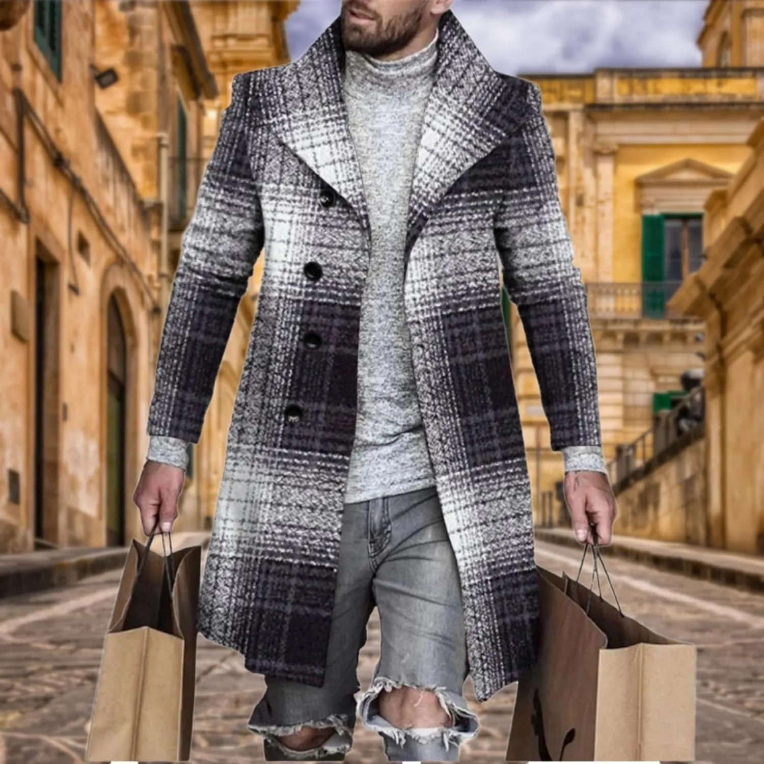 Plaid Trench Coat for Men Notched Lapel Collar Single Breasted Wool Pea Overcoats Casual Winter Slim Coats