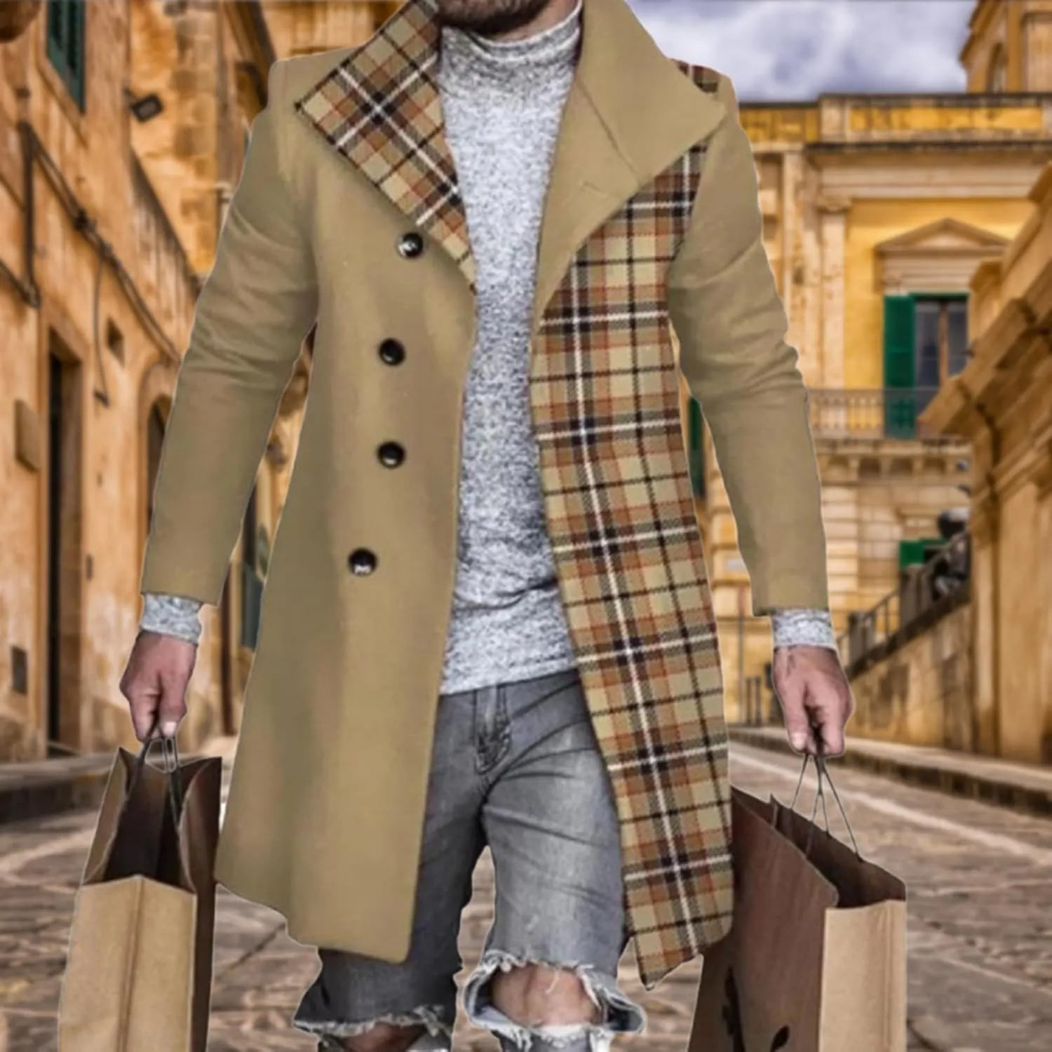 Plaid Trench Coat for Men Notched Lapel Collar Single Breasted Wool Pea Overcoats Casual Winter Slim Coats