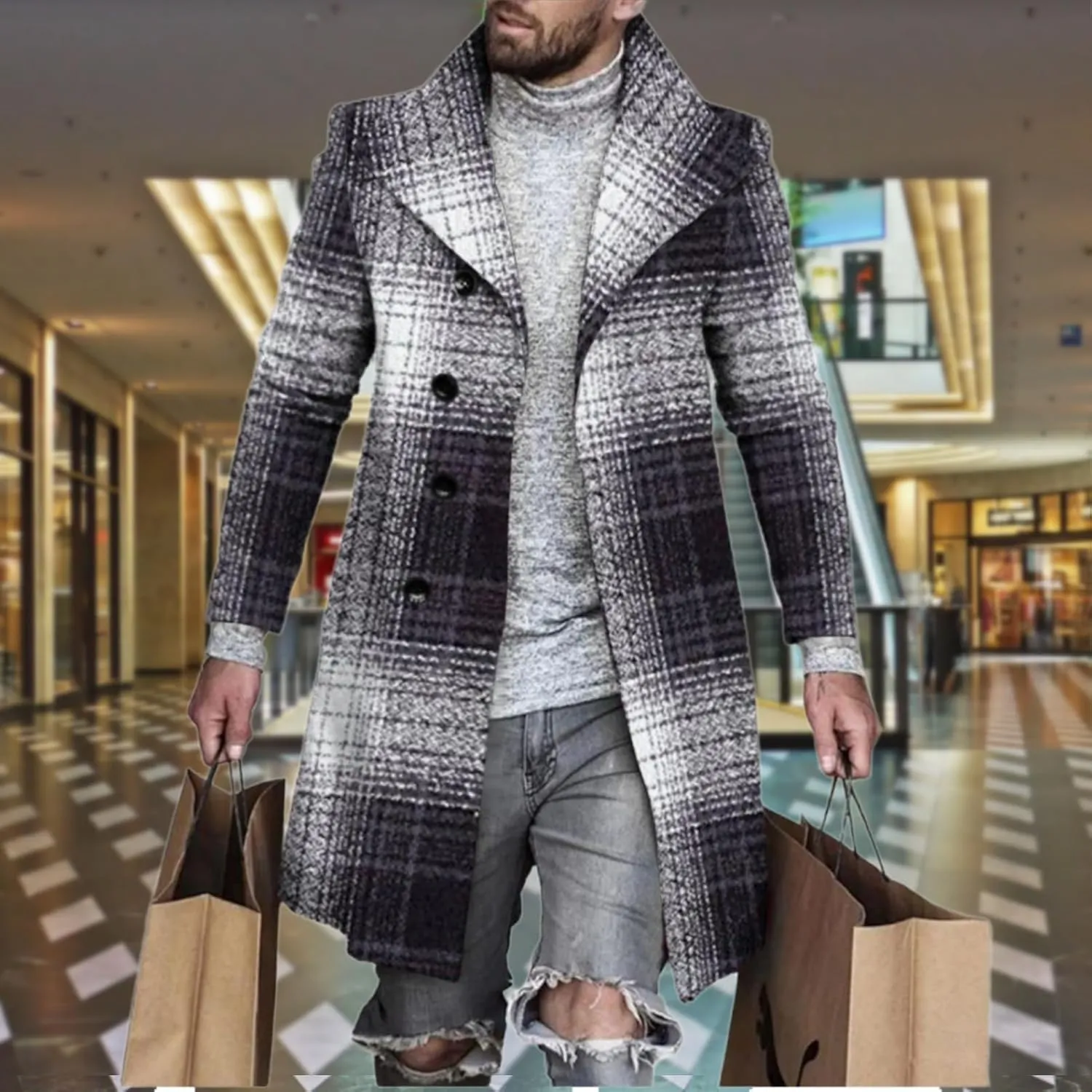 Plaid Trench Coat for Men Notched Lapel Collar Single Breasted Wool Pea Overcoats Casual Winter Slim Coats