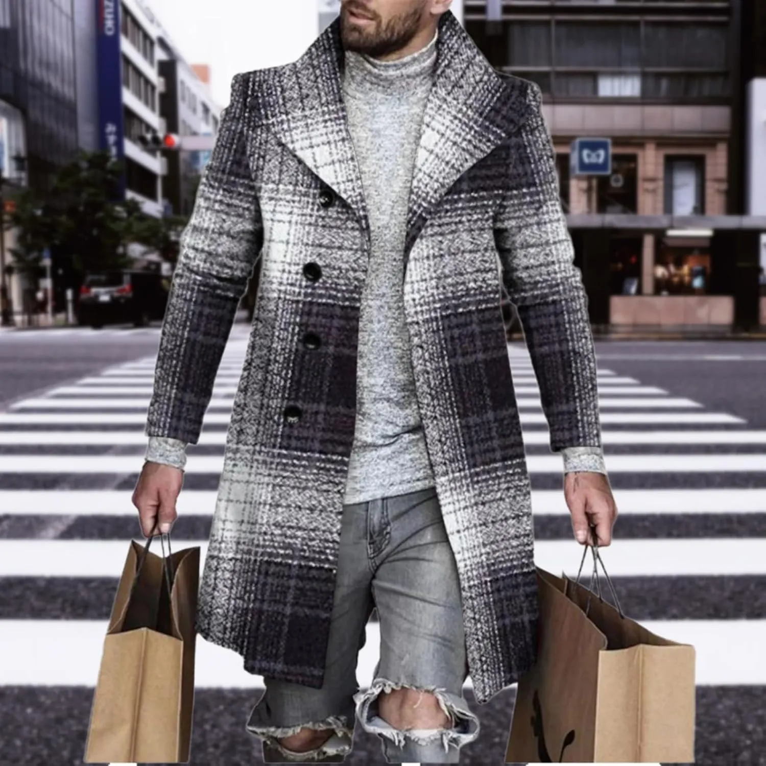 Plaid Trench Coat for Men Notched Lapel Collar Single Breasted Wool Pea Overcoats Casual Winter Slim Coats