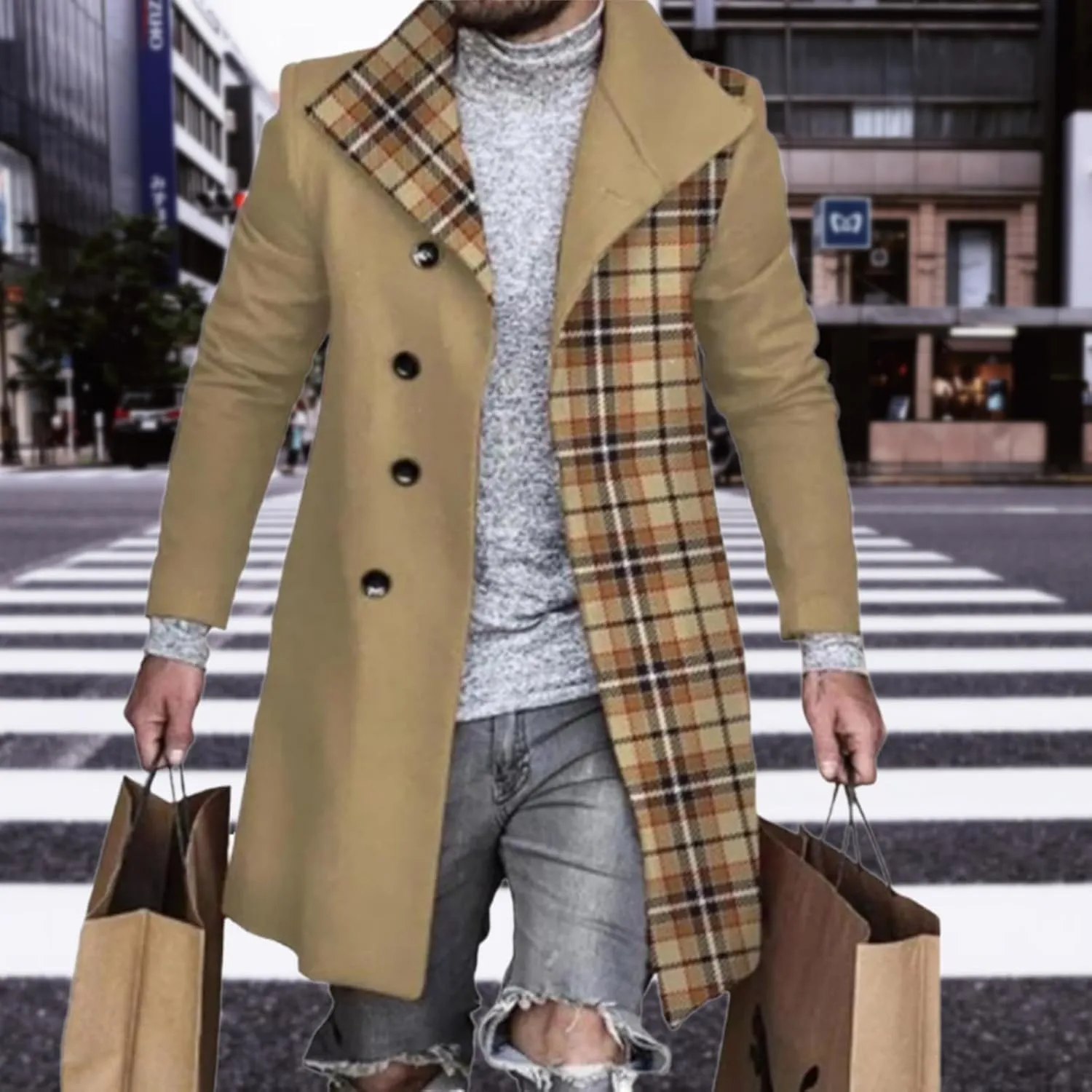 Plaid Trench Coat for Men Notched Lapel Collar Single Breasted Wool Pea Overcoats Casual Winter Slim Coats