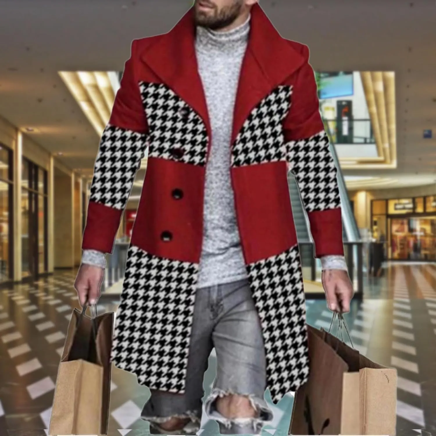 Plaid Trench Coat for Men Notched Lapel Collar Single Breasted Wool Pea Overcoats Casual Winter Slim Coats