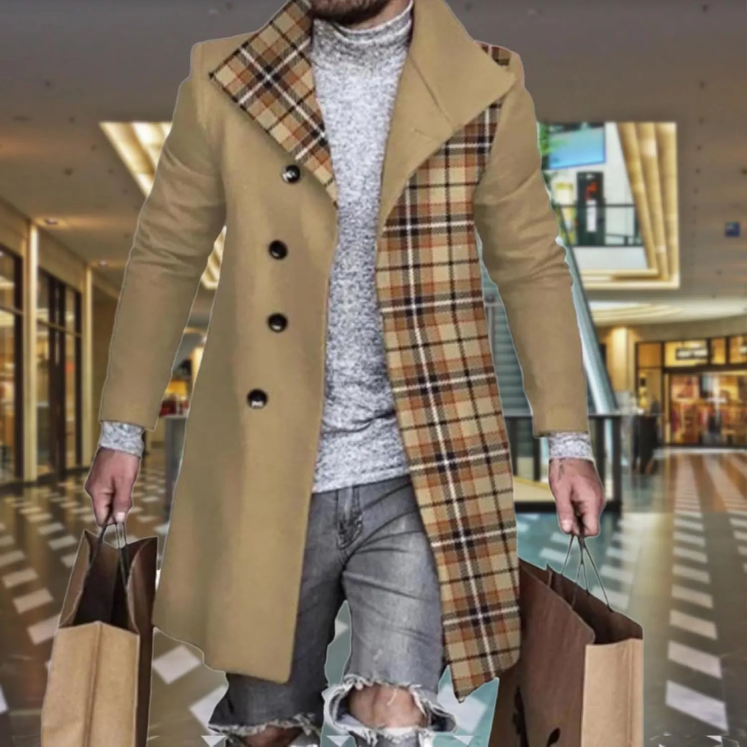 Plaid Trench Coat for Men Notched Lapel Collar Single Breasted Wool Pea Overcoats Casual Winter Slim Coats