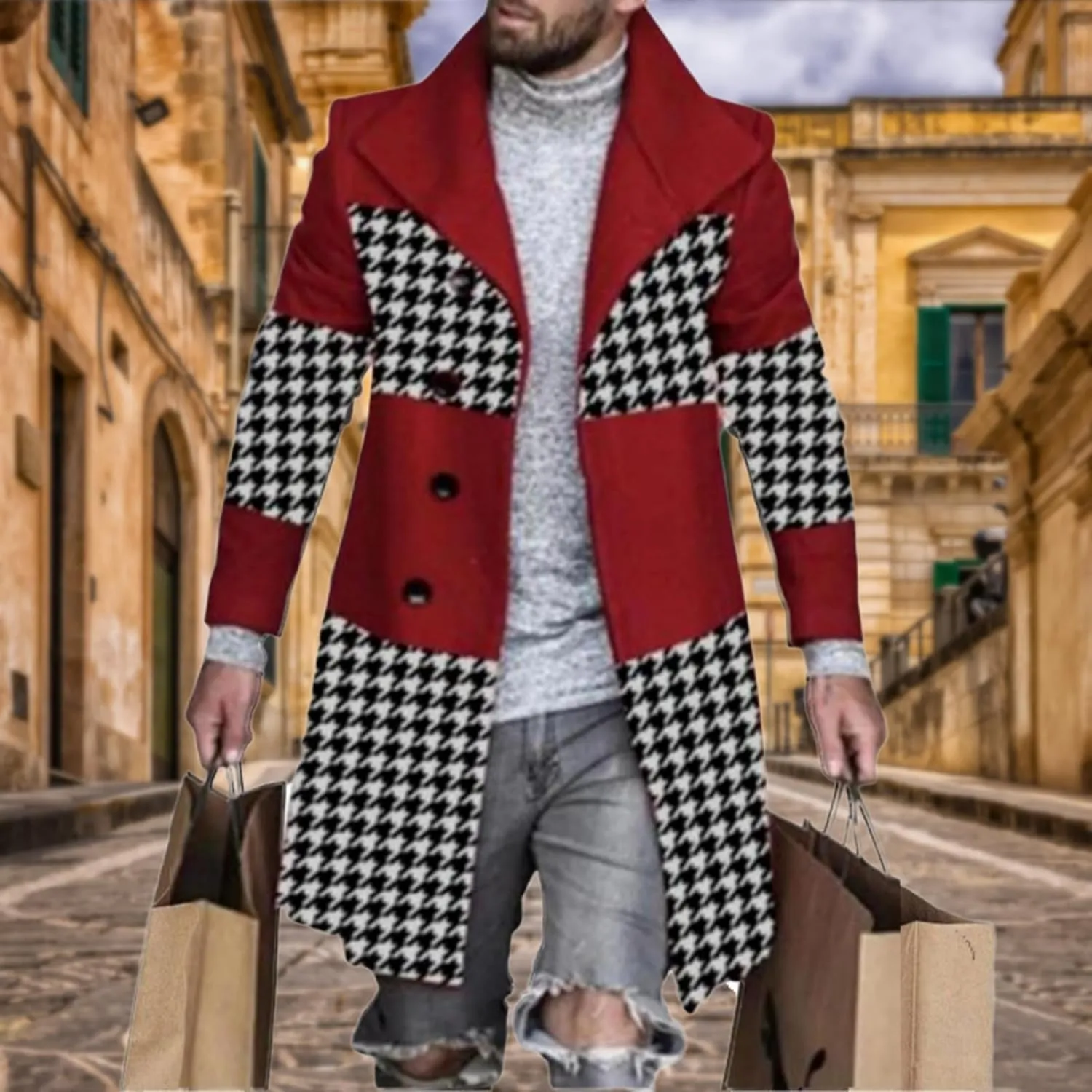 Plaid Trench Coat for Men Notched Lapel Collar Single Breasted Wool Pea Overcoats Casual Winter Slim Coats