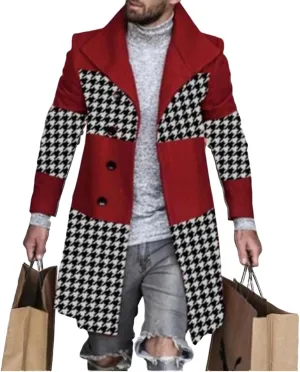 Plaid Trench Coat for Men Notched Lapel Collar Single Breasted Wool Pea Overcoats Casual Winter Slim Coats