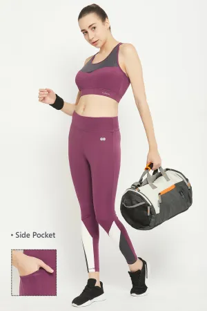 Plum Poly Spandex Tights With Contrast Panels & Side Pocket
