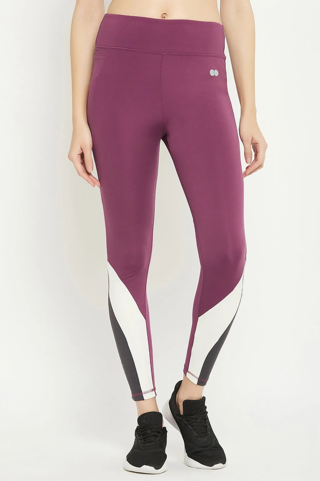Plum Poly Spandex Tights With Contrast Panels & Side Pocket