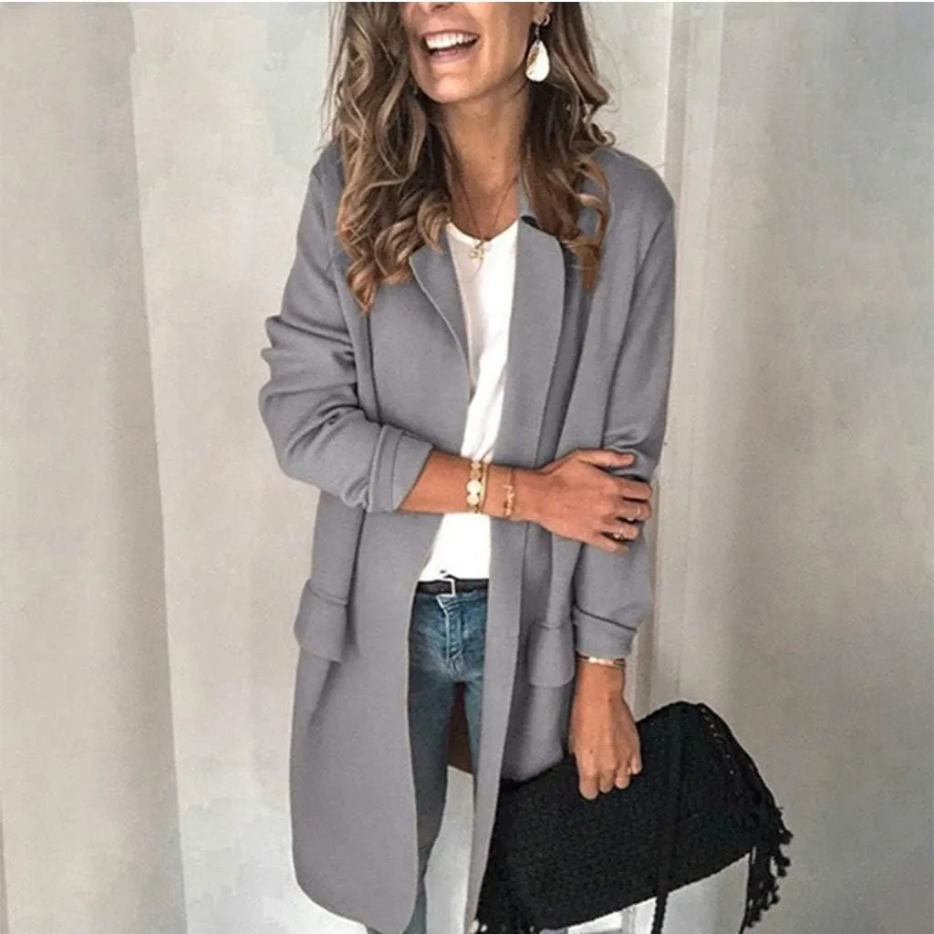 Plus Size Blazers Long Open Front Work Office Stretchy Suit Jackets Cardigans Coats