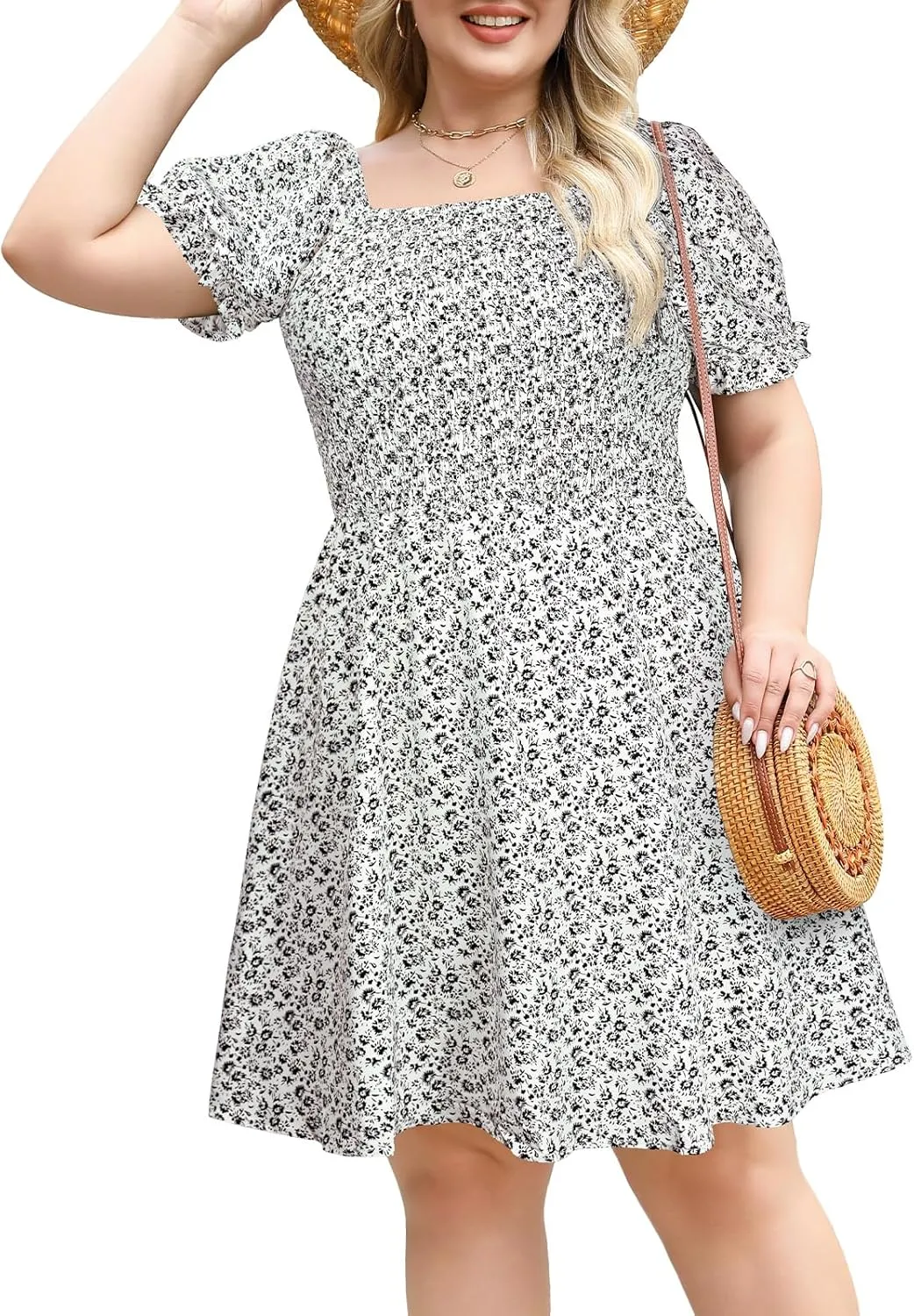 Plus Size Casual Summer Dresses for Curvy Women Smocked Lightweight Woven Midi A-line Sun Dress with Pockets
