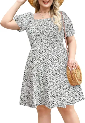 Plus Size Casual Summer Dresses for Curvy Women Smocked Lightweight Woven Midi A-line Sun Dress with Pockets