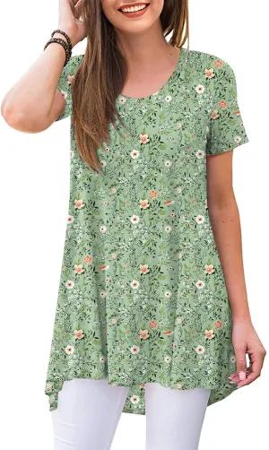 POPYOUNG Women's Summer Long Tunic Top To Wear With Leggings Short Sleeve Shirt Loose Fit Dressy