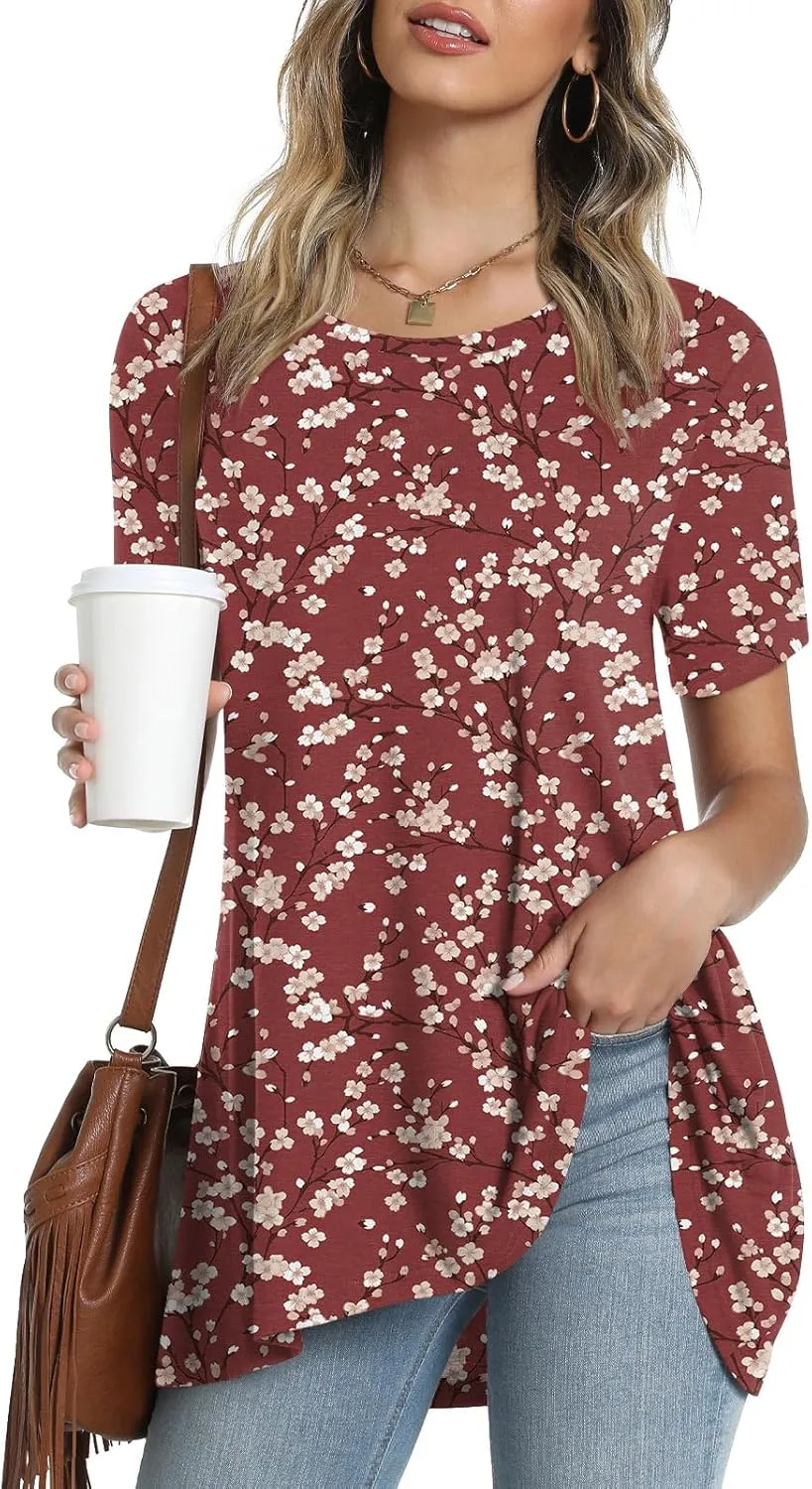 POPYOUNG Women's Summer Long Tunic Top To Wear With Leggings Short Sleeve Shirt Loose Fit Dressy