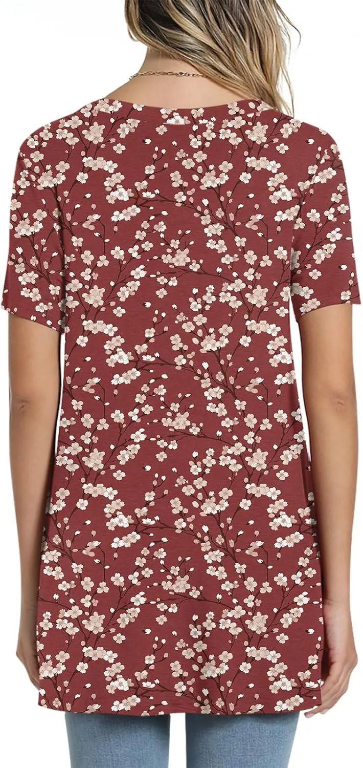 POPYOUNG Women's Summer Long Tunic Top To Wear With Leggings Short Sleeve Shirt Loose Fit Dressy