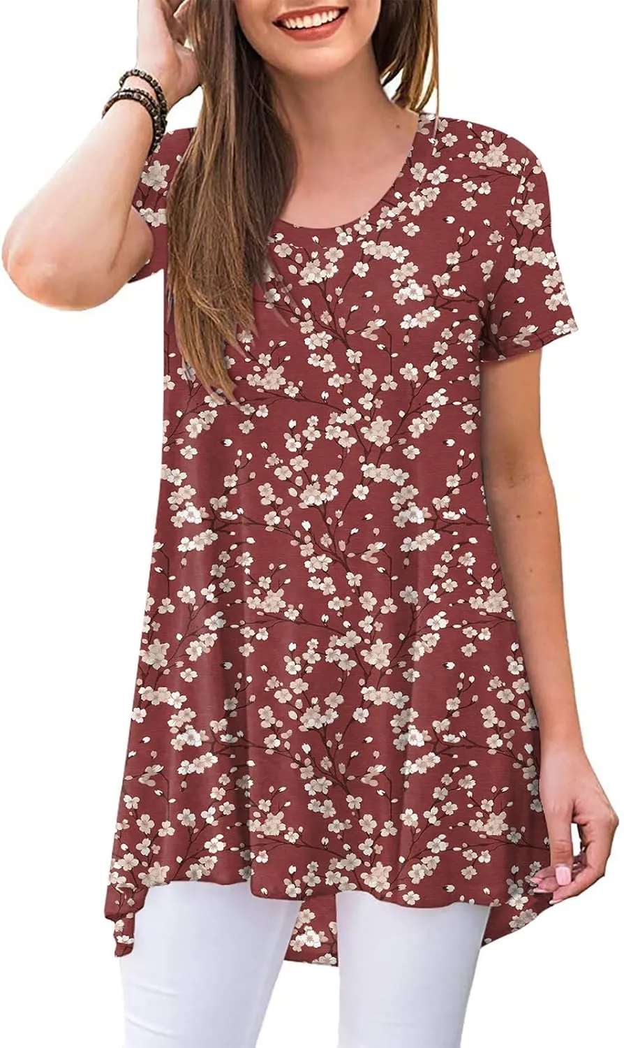 POPYOUNG Women's Summer Long Tunic Top To Wear With Leggings Short Sleeve Shirt Loose Fit Dressy