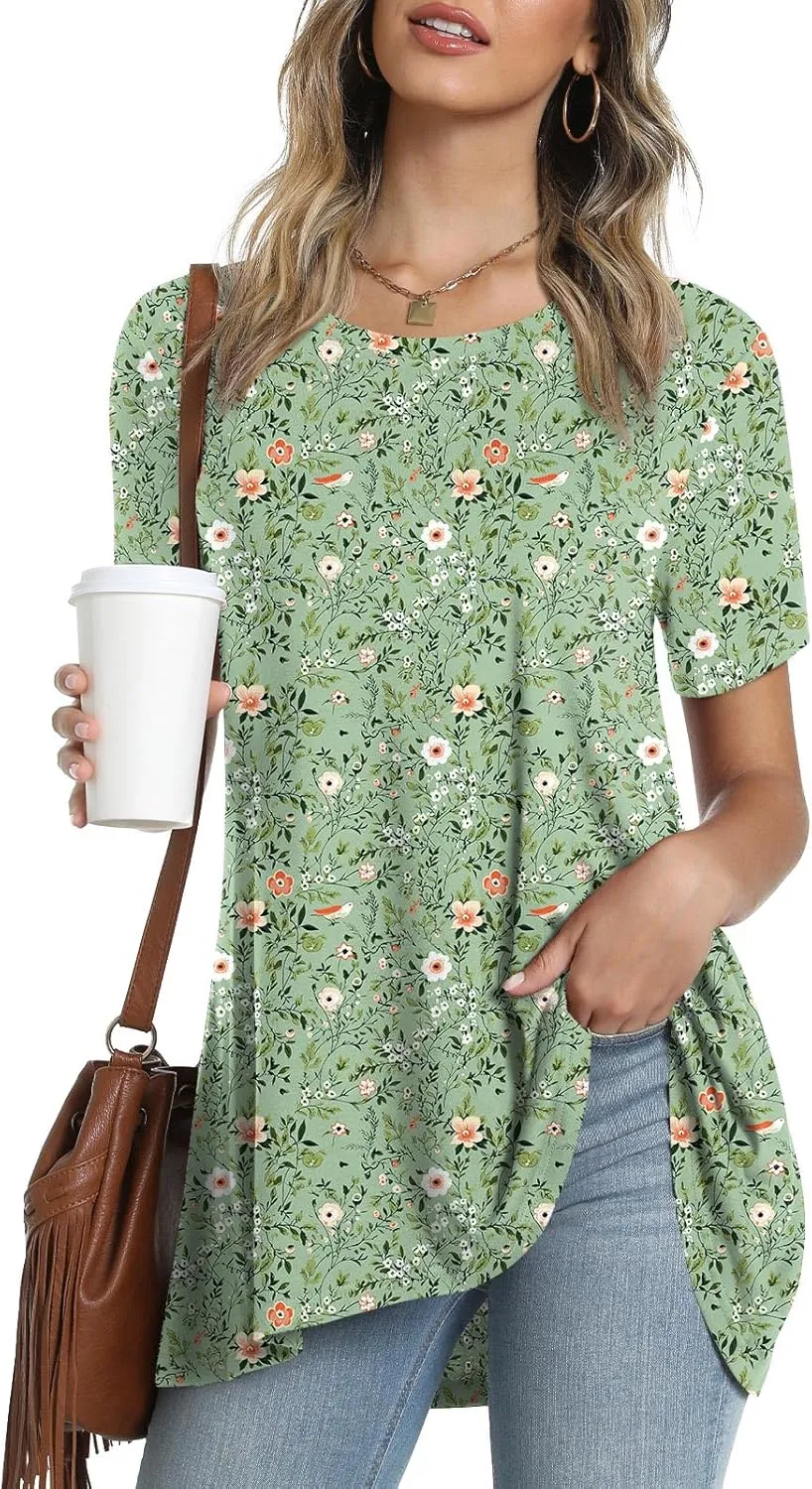POPYOUNG Women's Summer Long Tunic Top To Wear With Leggings Short Sleeve Shirt Loose Fit Dressy