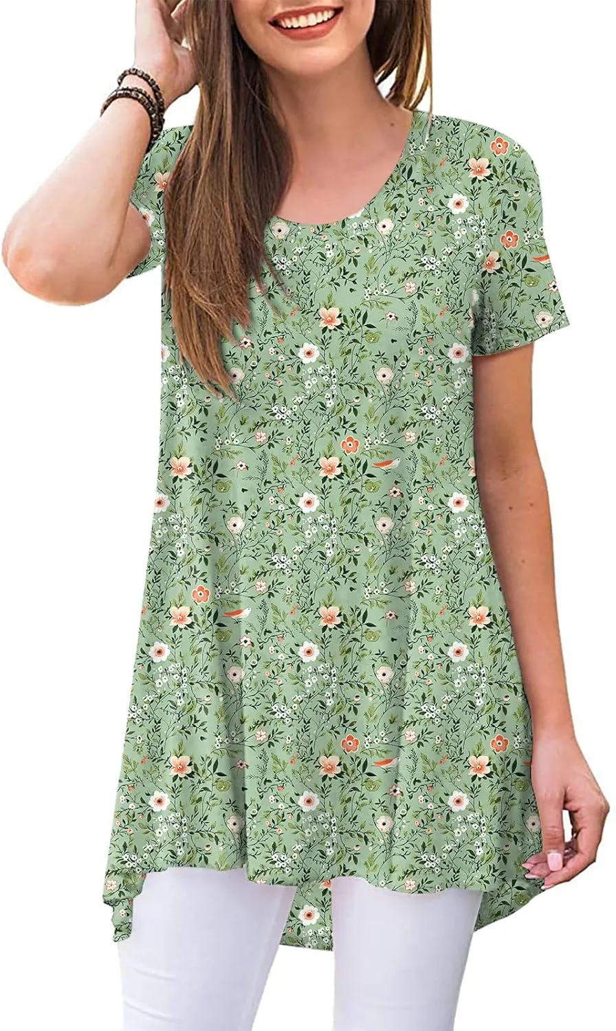 POPYOUNG Women's Summer Long Tunic Top To Wear With Leggings Short Sleeve Shirt Loose Fit Dressy
