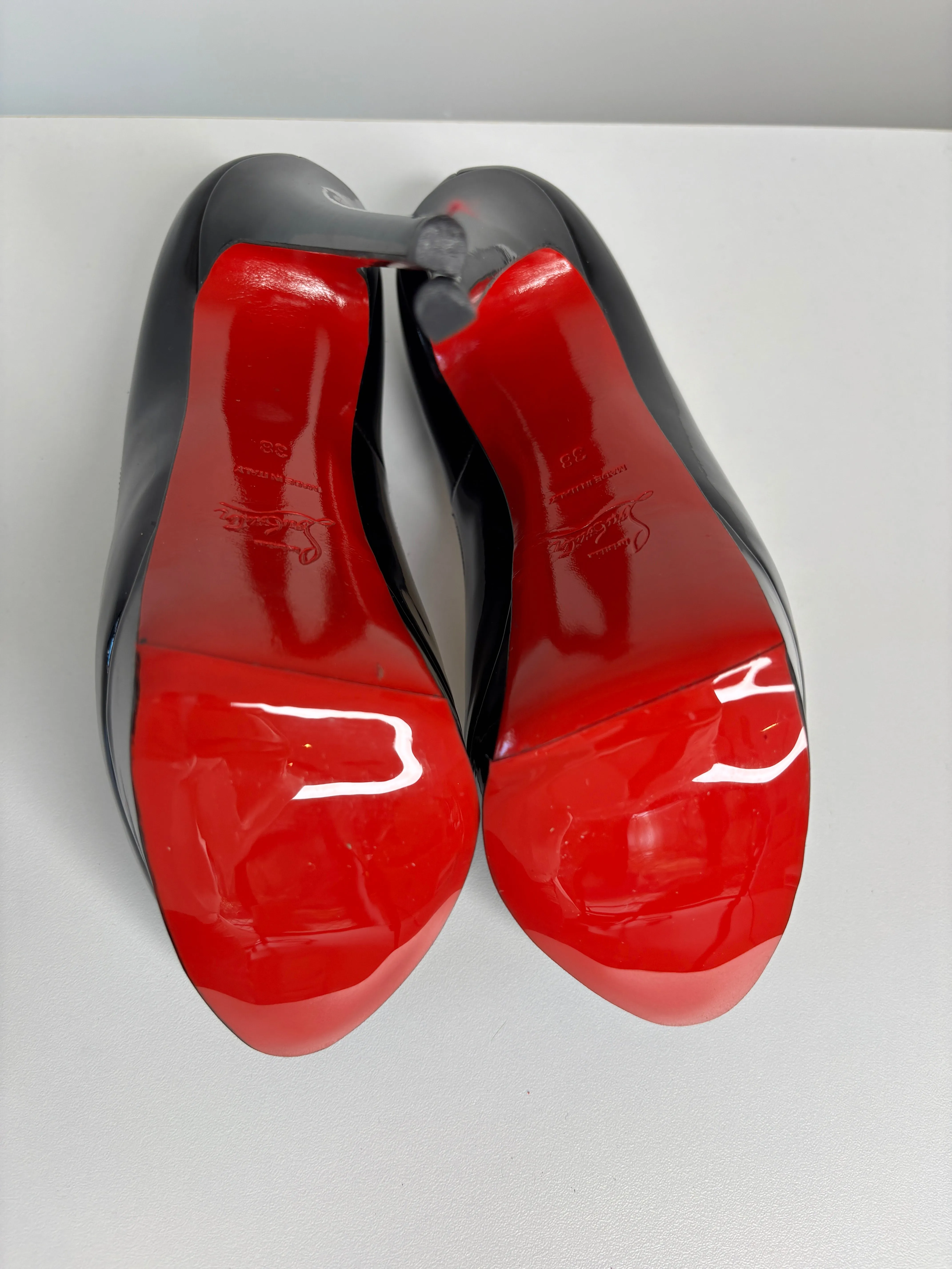 Pre-loved Christian Louboutin Lady Peep Black Patent Platform Heels 38 UK5