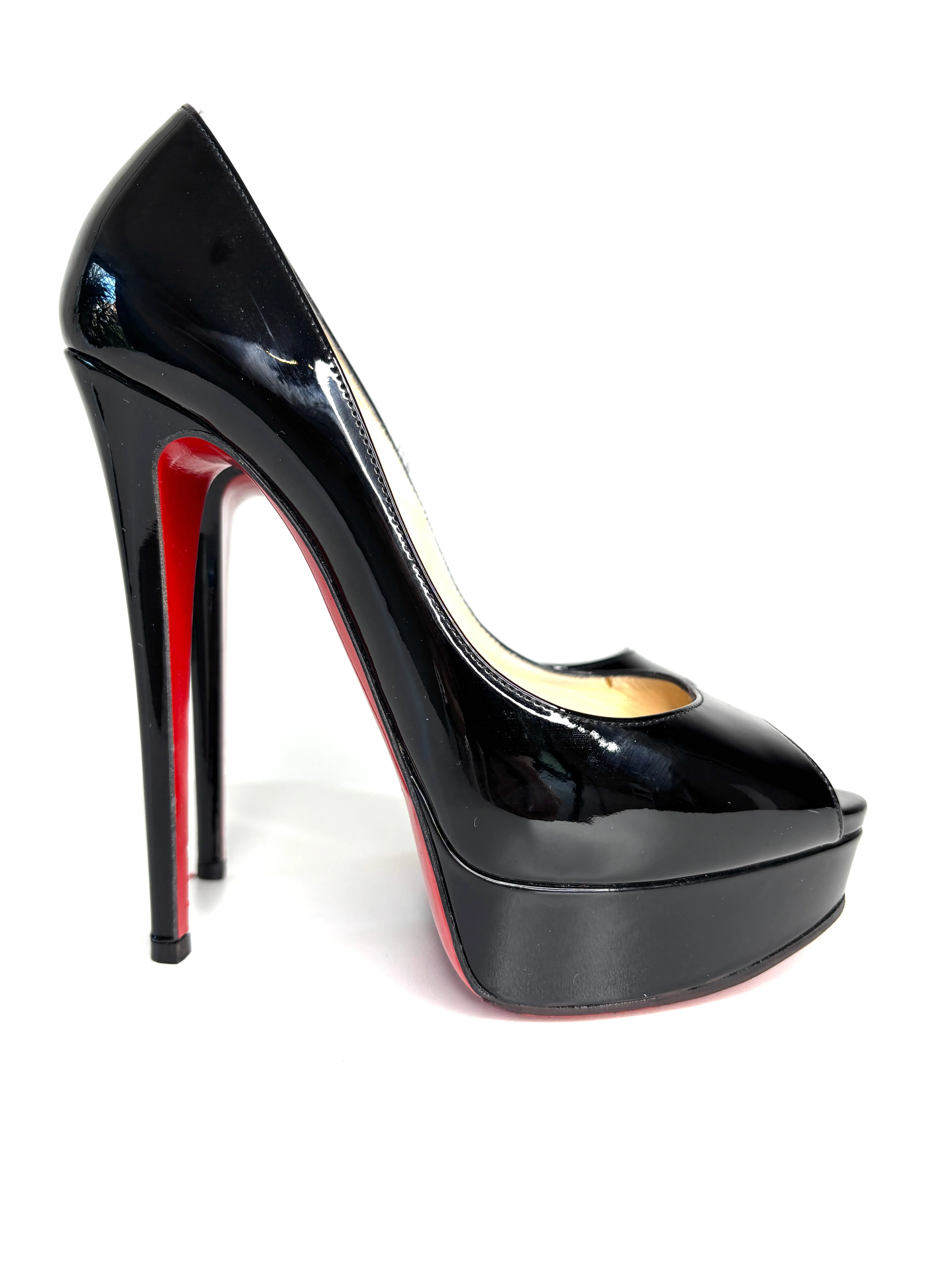 Pre-loved Christian Louboutin Lady Peep Black Patent Platform Heels 38 UK5