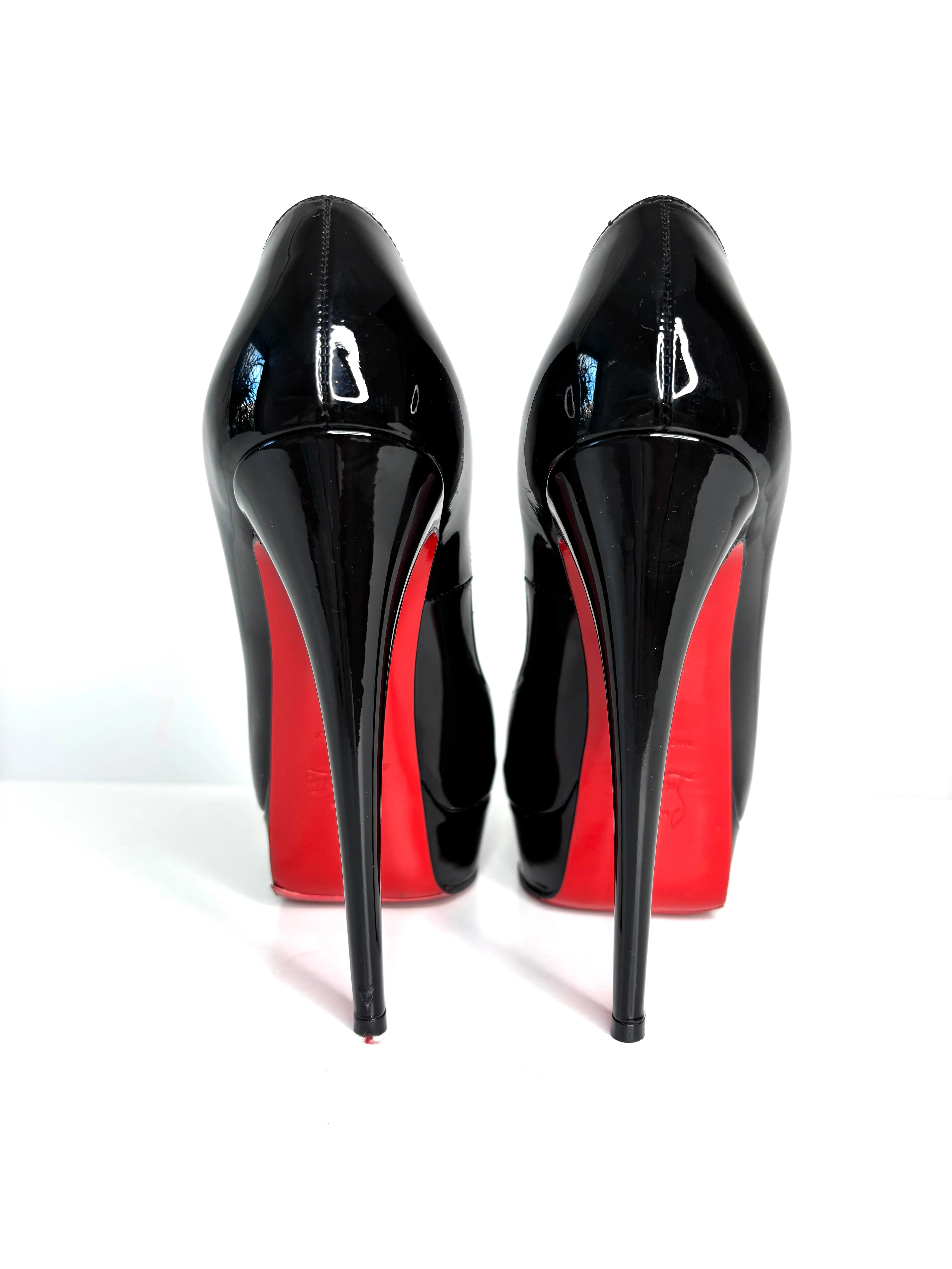 Pre-loved Christian Louboutin Lady Peep Black Patent Platform Heels 38 UK5