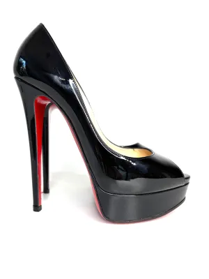 Pre-loved Christian Louboutin Lady Peep Black Patent Platform Heels 38 UK5