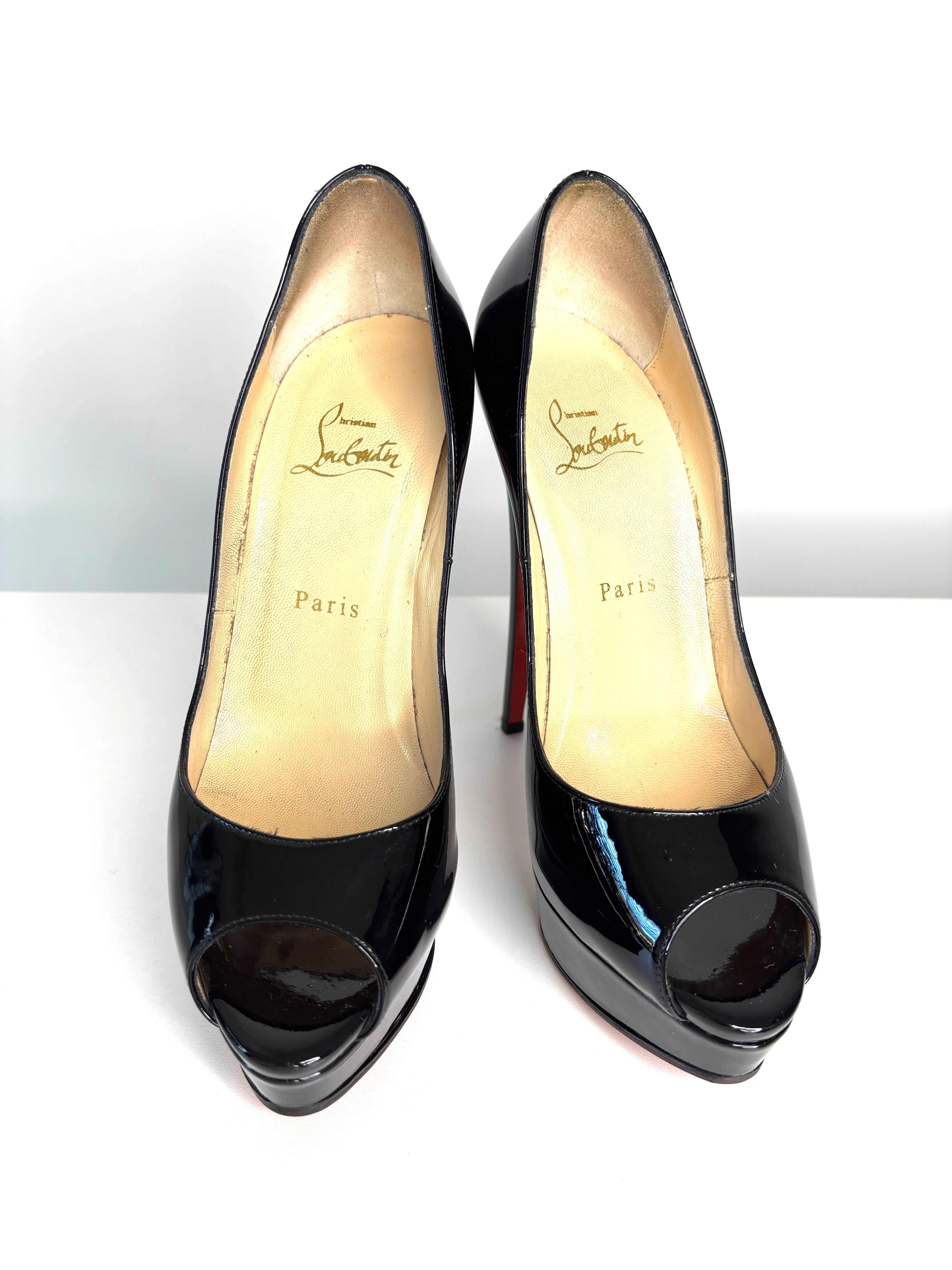 Pre-loved Christian Louboutin Lady Peep Black Patent Platform Heels 38 UK5