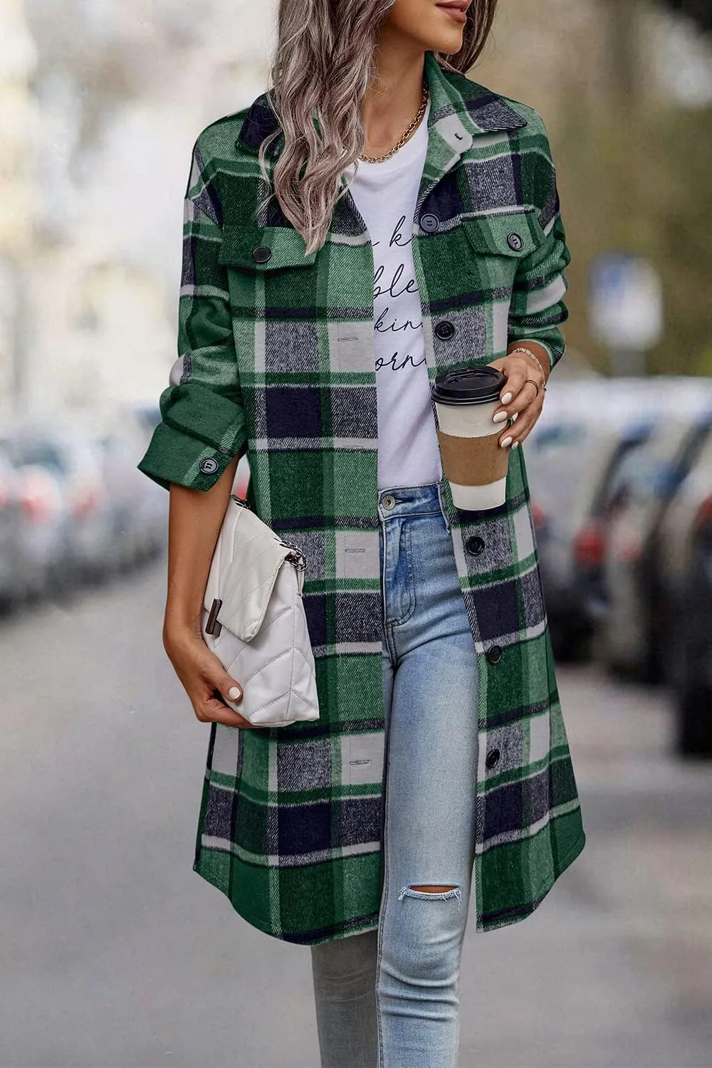 PRETTYGARDEN Women's Plaid Shacket 2025 Long Sleeve Button Up Flannel Shirt Winter Tartan Jacket Woolen Coats