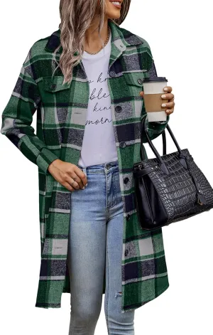 PRETTYGARDEN Women's Plaid Shacket 2025 Long Sleeve Button Up Flannel Shirt Winter Tartan Jacket Woolen Coats