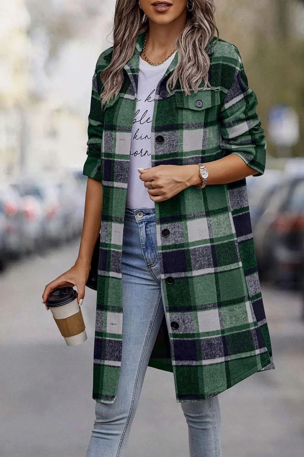 PRETTYGARDEN Women's Plaid Shacket 2025 Long Sleeve Button Up Flannel Shirt Winter Tartan Jacket Woolen Coats