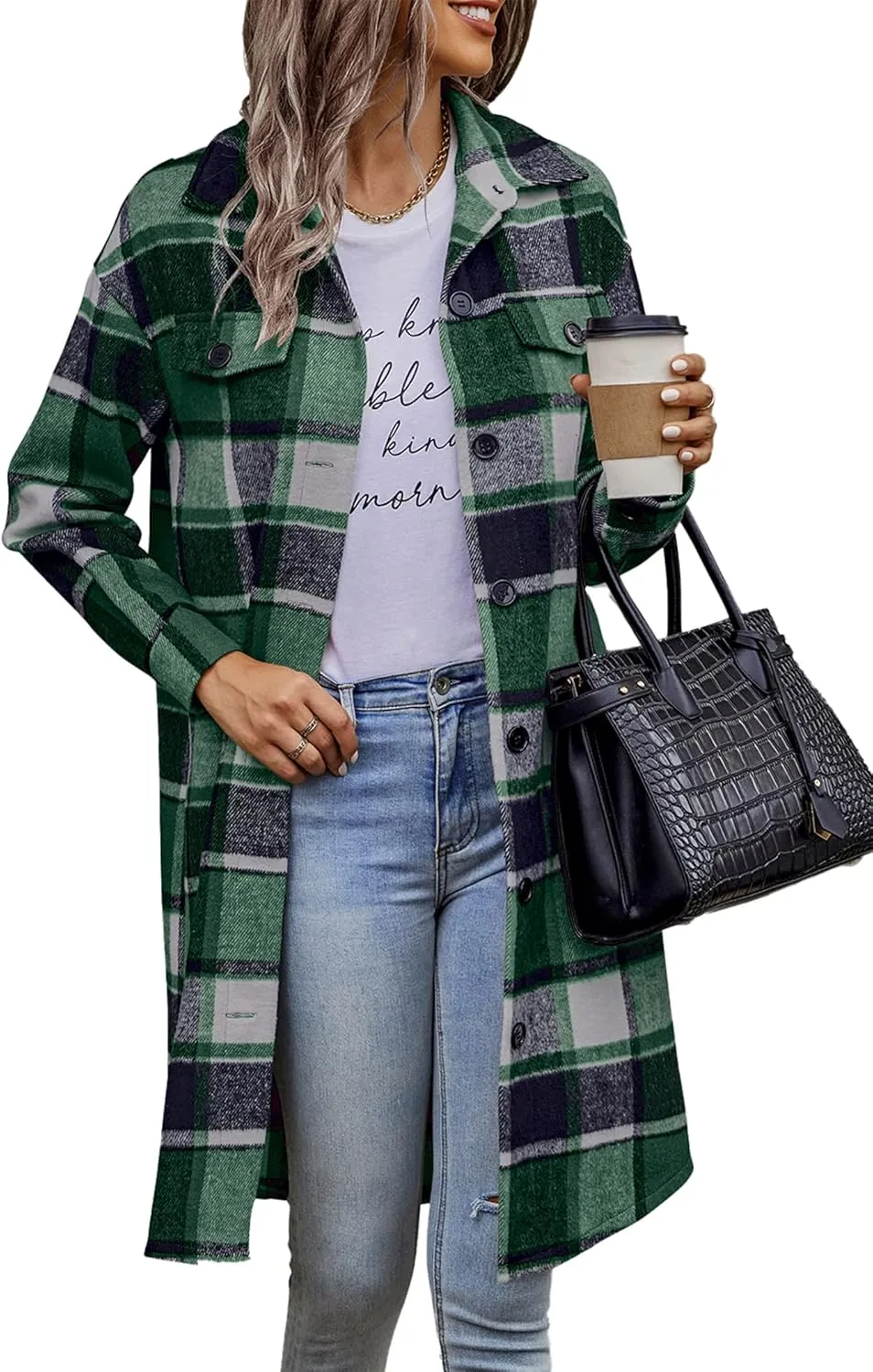 PRETTYGARDEN Women's Plaid Shacket 2025 Long Sleeve Button Up Flannel Shirt Winter Tartan Jacket Woolen Coats
