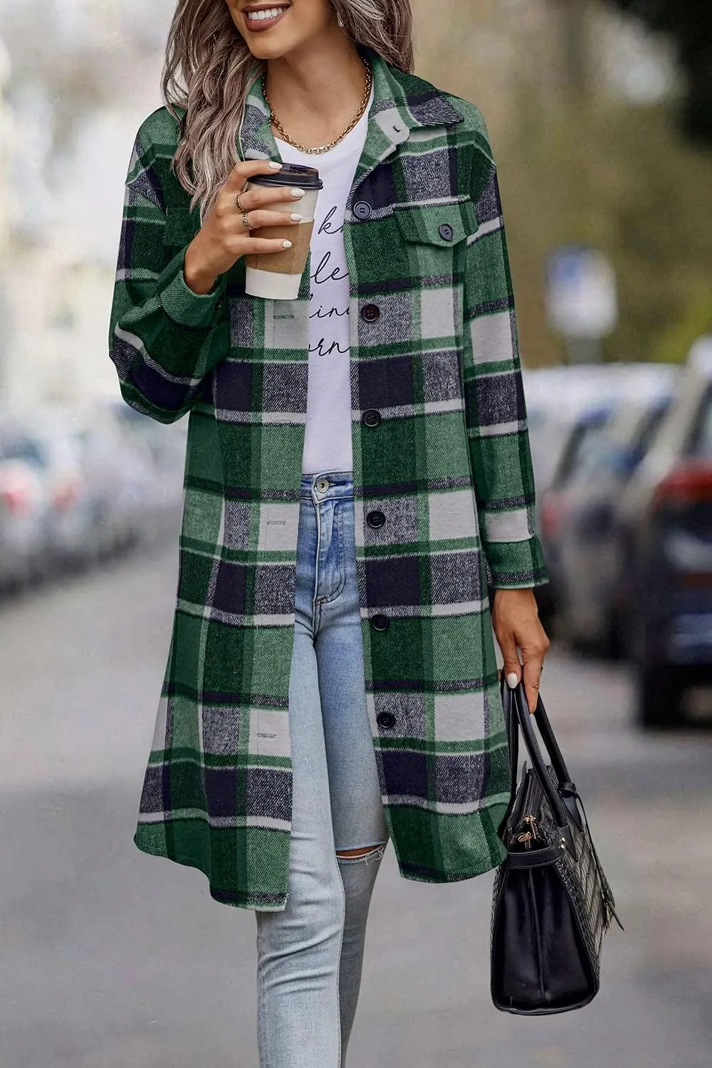 PRETTYGARDEN Women's Plaid Shacket 2025 Long Sleeve Button Up Flannel Shirt Winter Tartan Jacket Woolen Coats