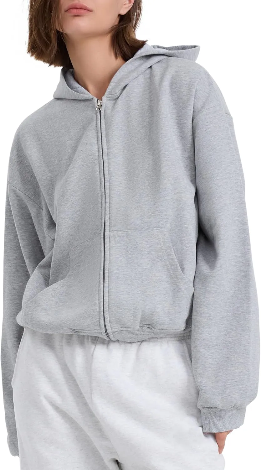 PrettyGuide Women's Zip Up Hoodies Casual Long Sleeve Fleece Cropped Sweatshirts Jackets with Pocket
