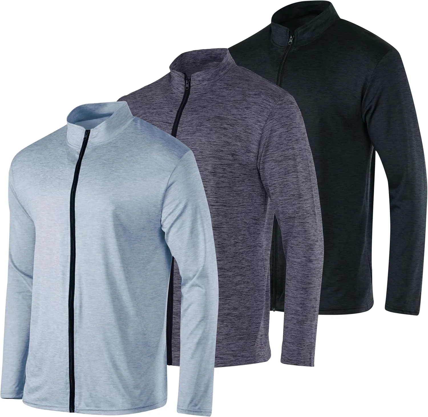 Real Essentials 3 Pack: Mens Dry-Fit Long Sleeve Full Zip Hoodie & Jacket- Athletic Running Jacket (Available in Big & Tall)