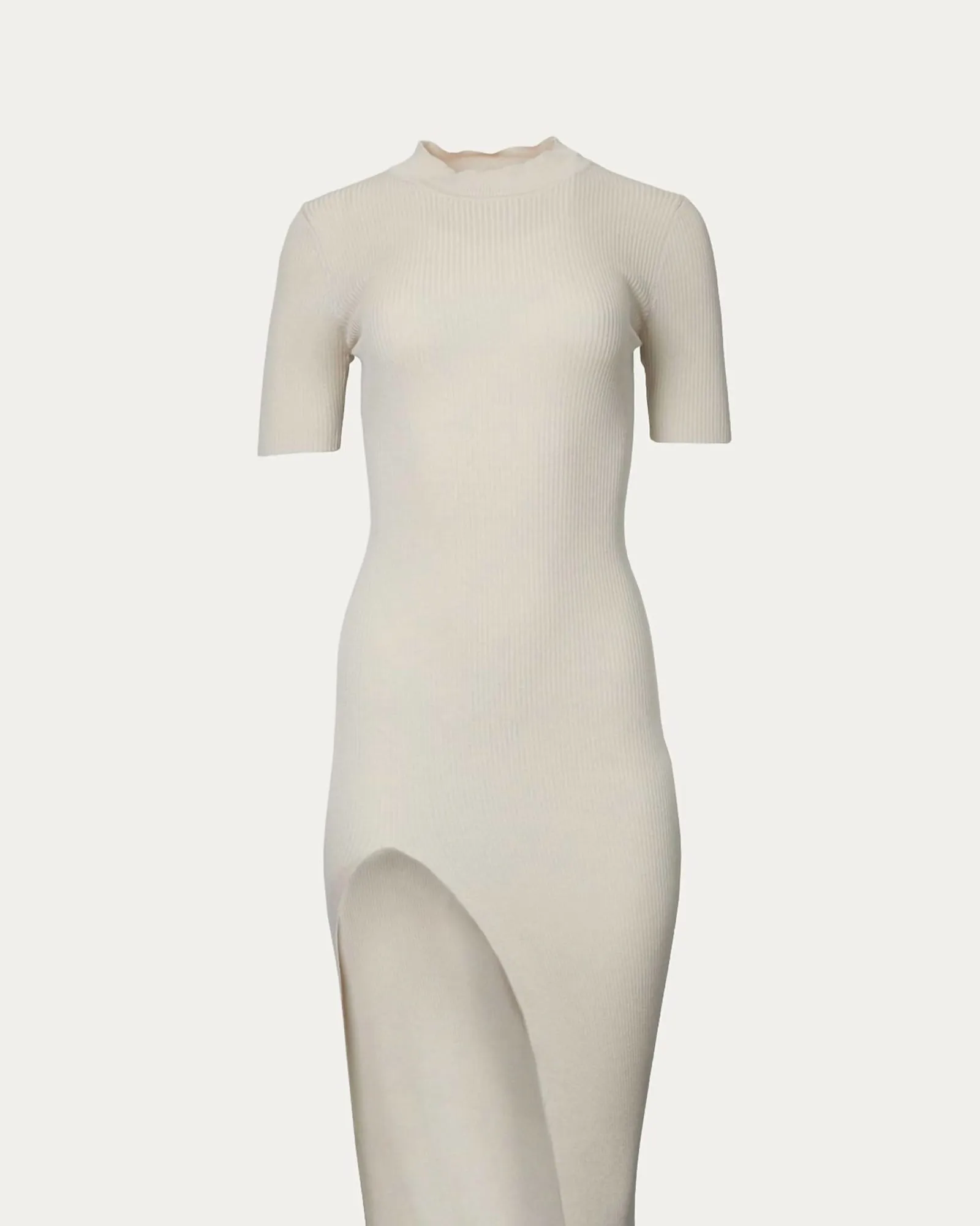 Ribbed Midi Dress With Front Slit in Almond | Almond