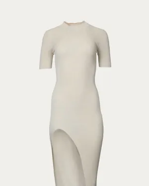 Ribbed Midi Dress With Front Slit in Almond | Almond