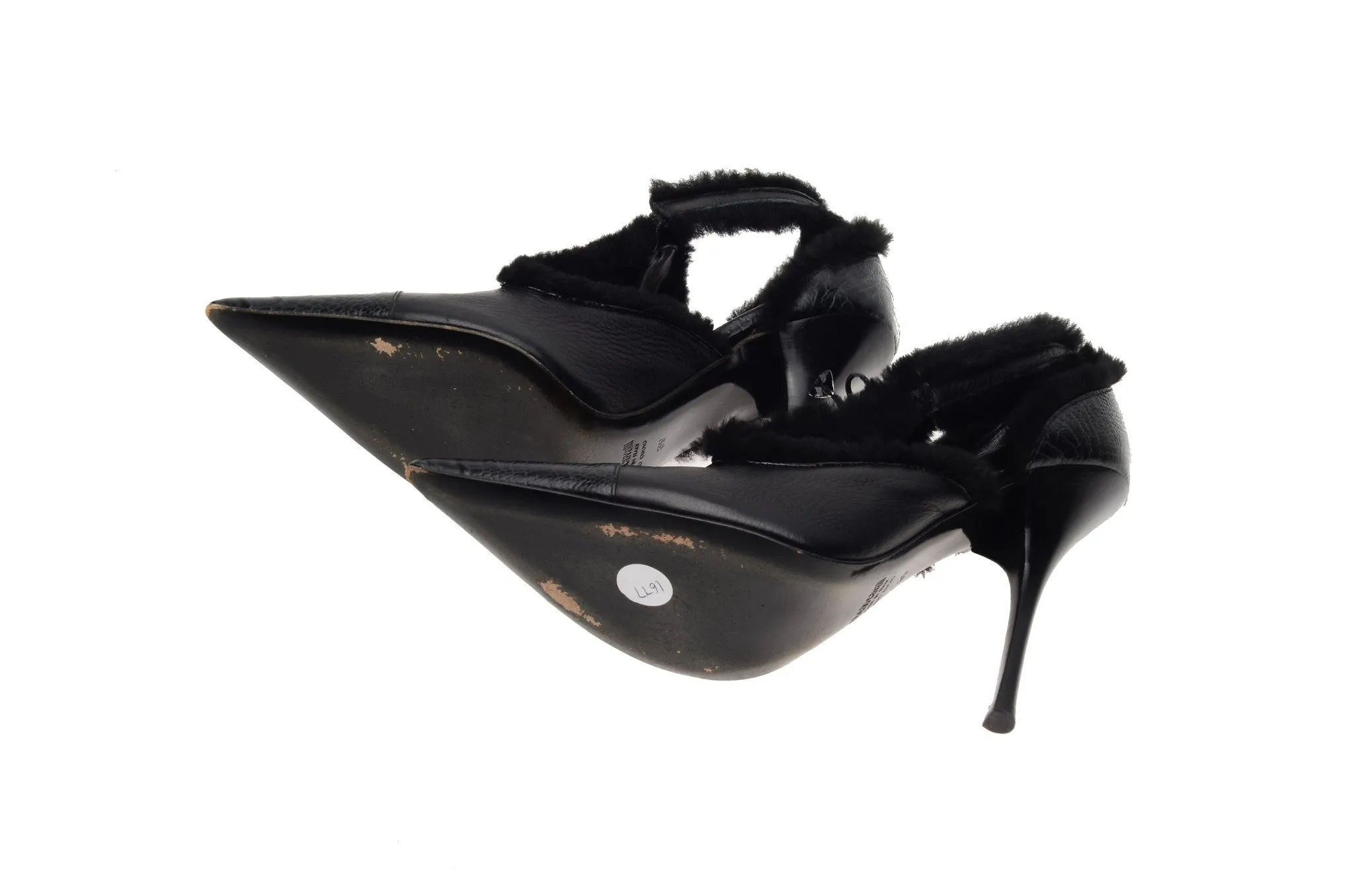 Roberto Cavalli - Black Leather Pointed Toe Heels with Fur Trim - IT 39