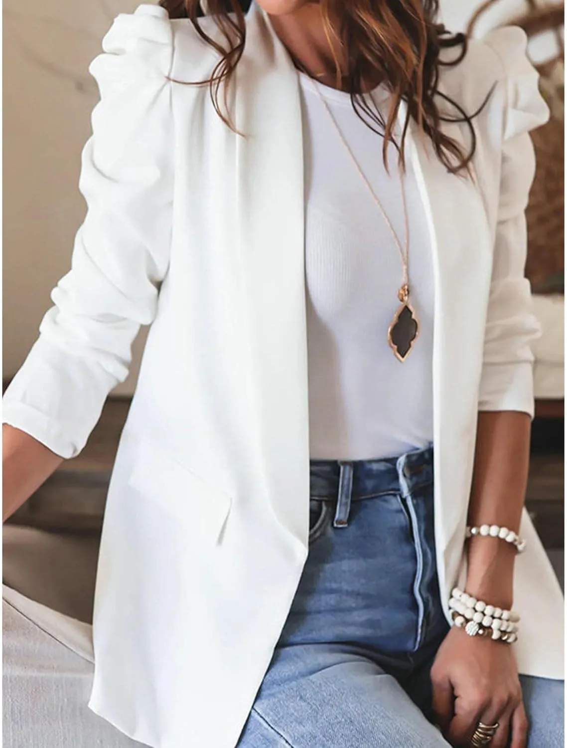 SEMATOMALA Women's Puff Sleeve Shoulder Pad Slim Business Blazer Suit Casual Lapel Open Front Work Office Jacket with Pockets