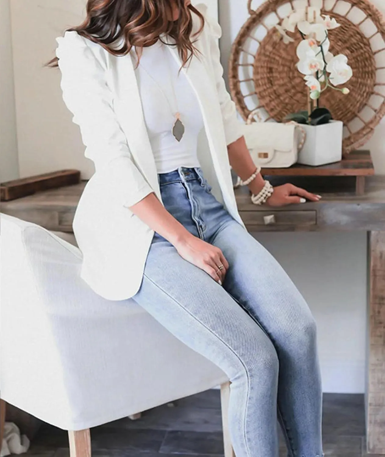 SEMATOMALA Women's Puff Sleeve Shoulder Pad Slim Business Blazer Suit Casual Lapel Open Front Work Office Jacket with Pockets