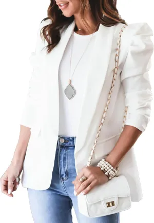 SEMATOMALA Women's Puff Sleeve Shoulder Pad Slim Business Blazer Suit Casual Lapel Open Front Work Office Jacket with Pockets