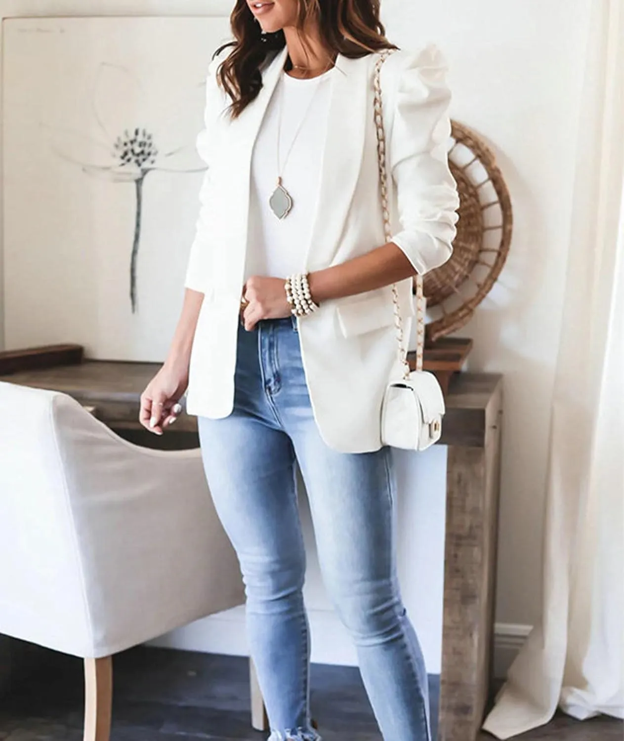 SEMATOMALA Women's Puff Sleeve Shoulder Pad Slim Business Blazer Suit Casual Lapel Open Front Work Office Jacket with Pockets