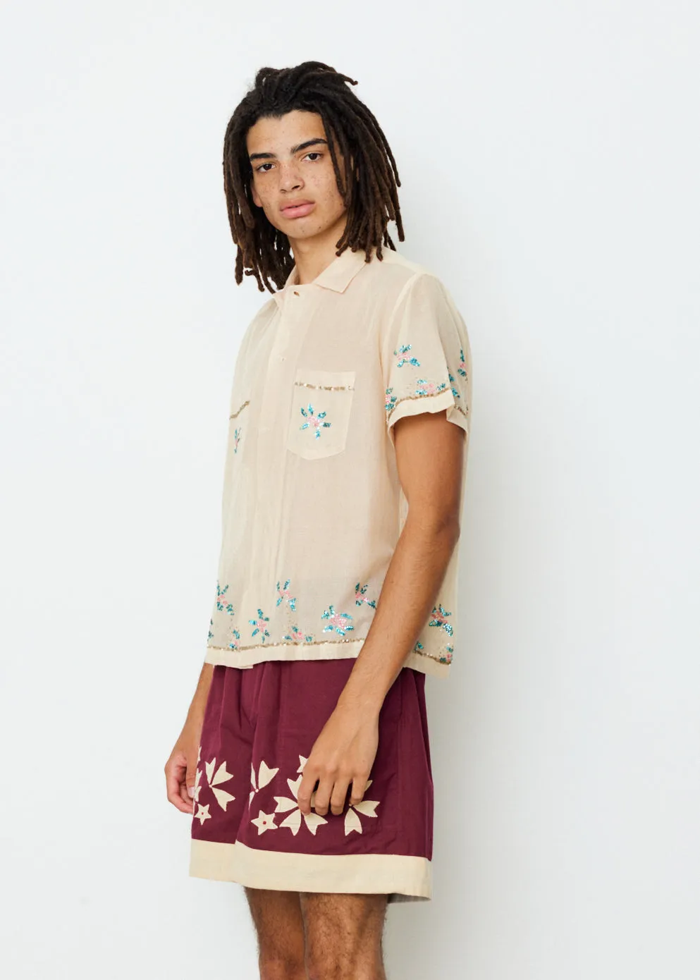 Sequinned Floral Net Short Sleeve Shirt