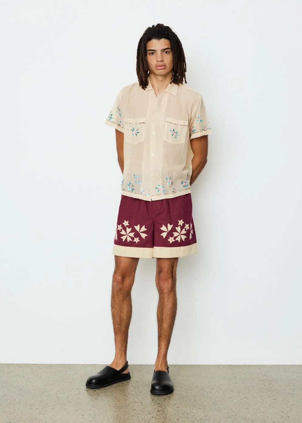 Sequinned Floral Net Short Sleeve Shirt