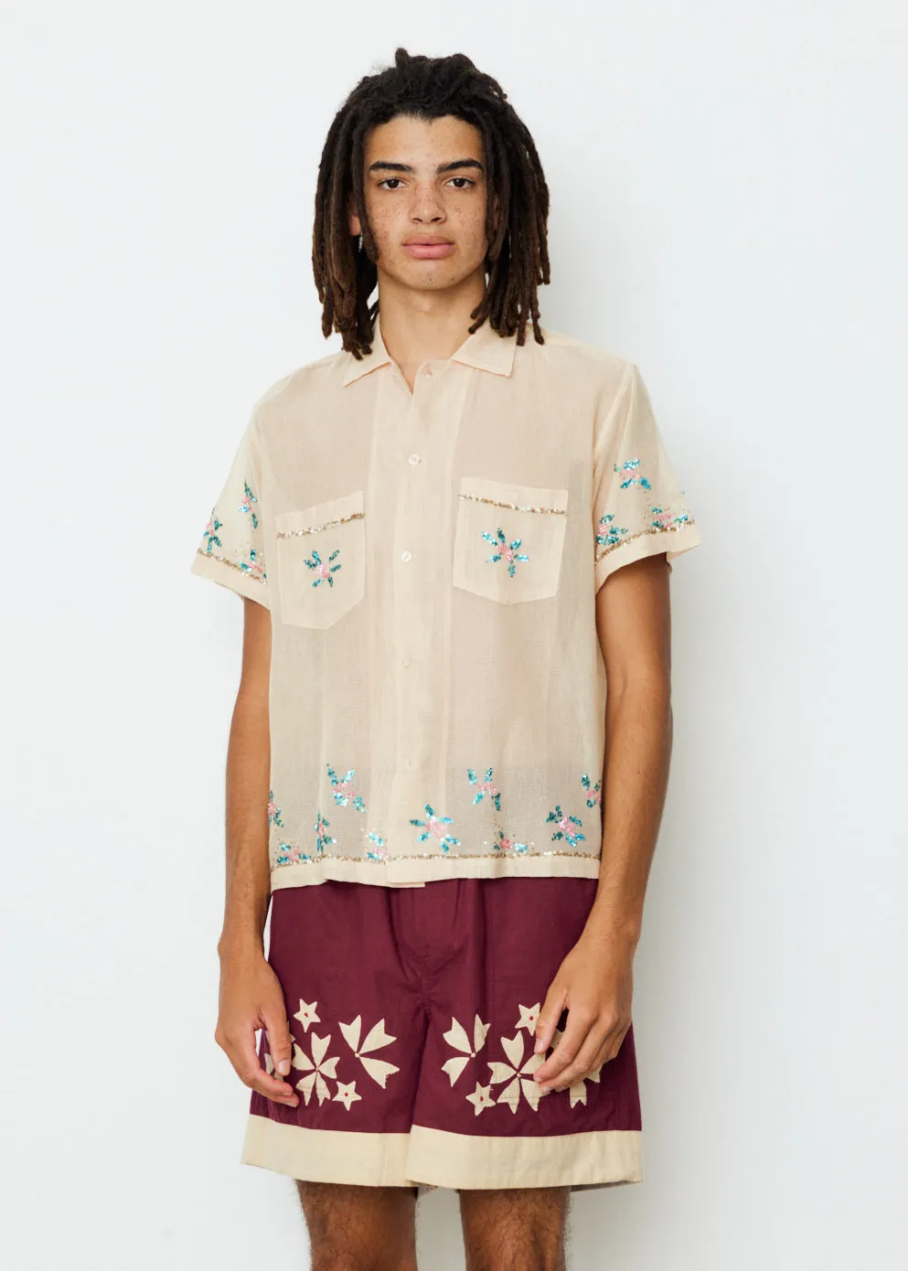 Sequinned Floral Net Short Sleeve Shirt